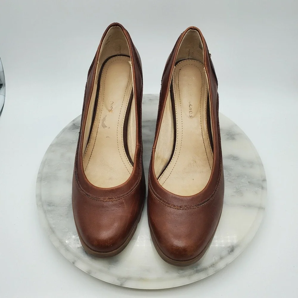 Hush Puppies‎ Spaniel Pump Dachshund Brown Leather Block Heel Comfort Shoes 8.5